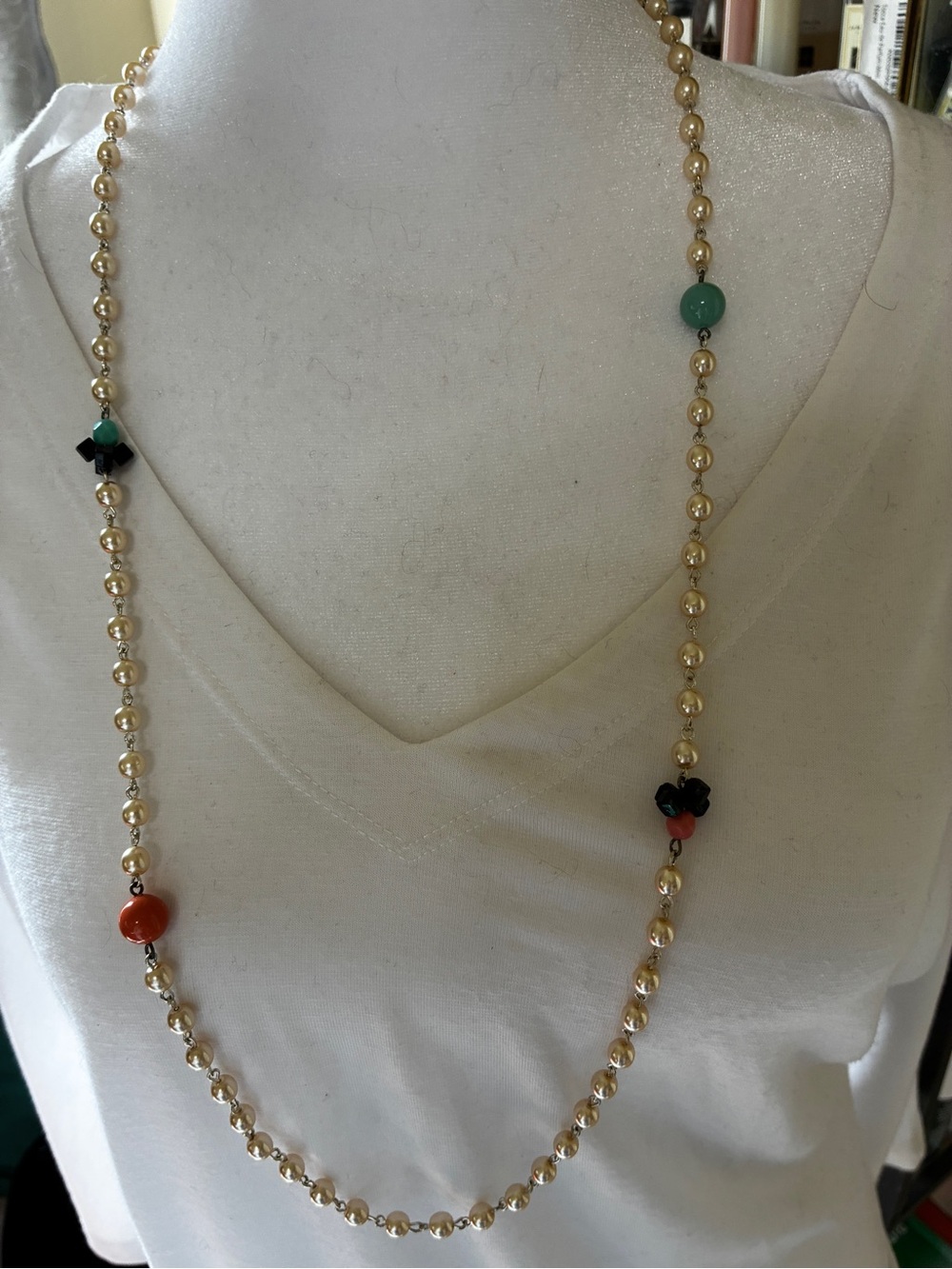 Sabika Gold Bead Long Necklace with Green and Coral Accents